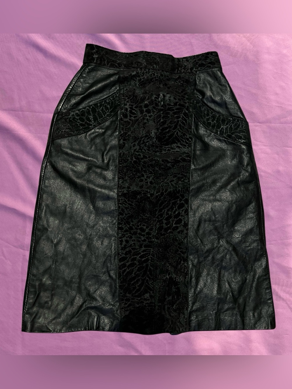 Vintage 198s Black Genuine Leather Pencil Skirt with Velvet Panel
